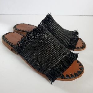 Proud Mary Women's Raffia Black Fringe Slide Sandals 10.5
